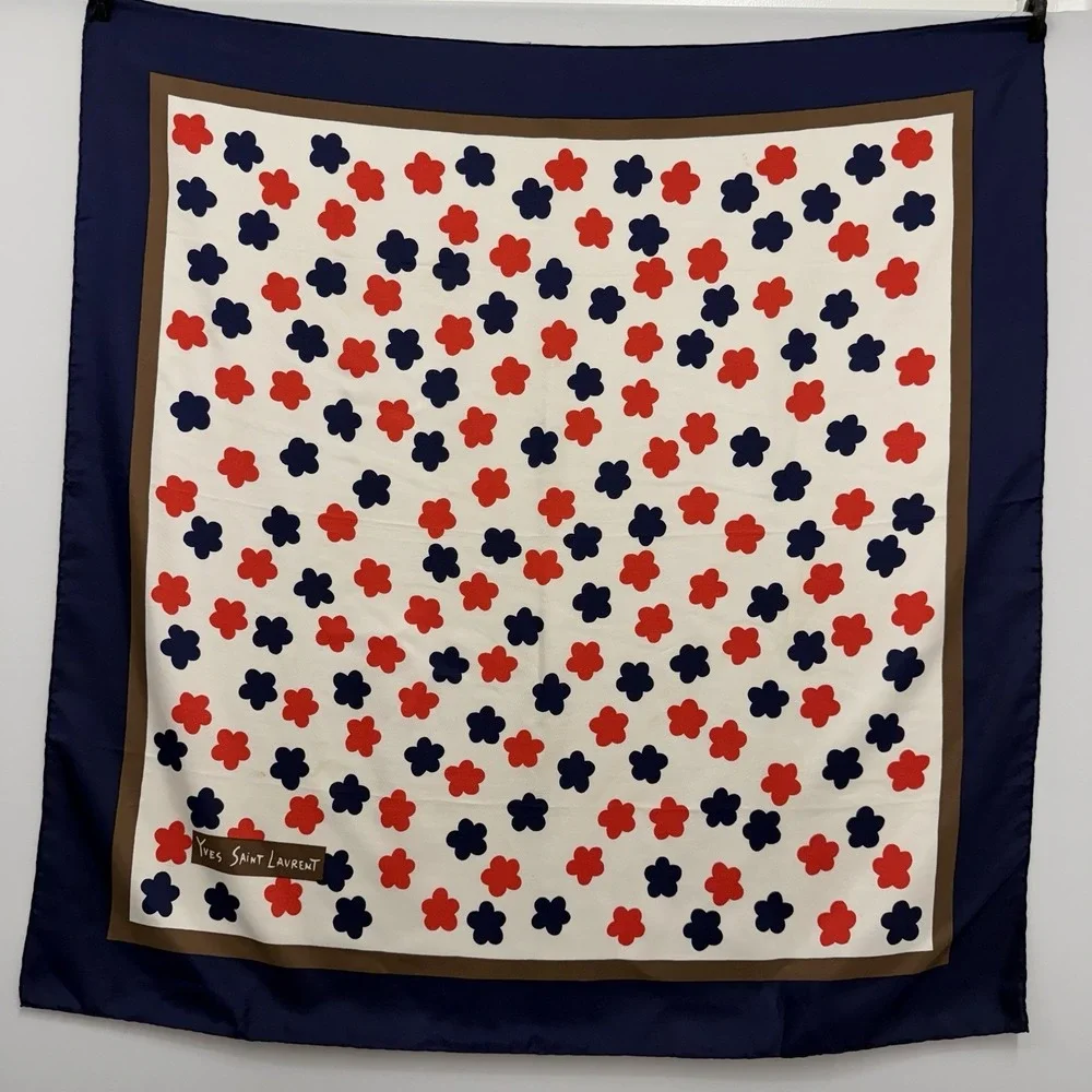 Vintage Yves Saint Laurent 100% Silk Scarf Clovers Flowers 33 1/8